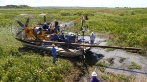 MTT Turbine Powered Airboats for Sensitive Wetland Work – MTT Turbine Airboat with Drill Rig on Dry Land - www.marineturbine.com