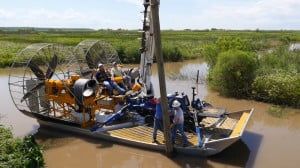 MTT Turbine Powered Airboats for Sensitive Wetland Work – MTT Turbine Airboat Rigged with Tools, Safety Gear, Utility Pole and Mini-Derrick Driller – www.marineturbine.com